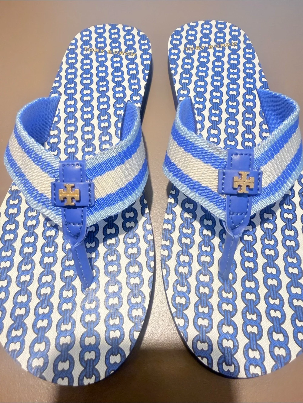 Tory Burch Gemini Link Stripe Fabric Flip Flop Blue White Size 8
